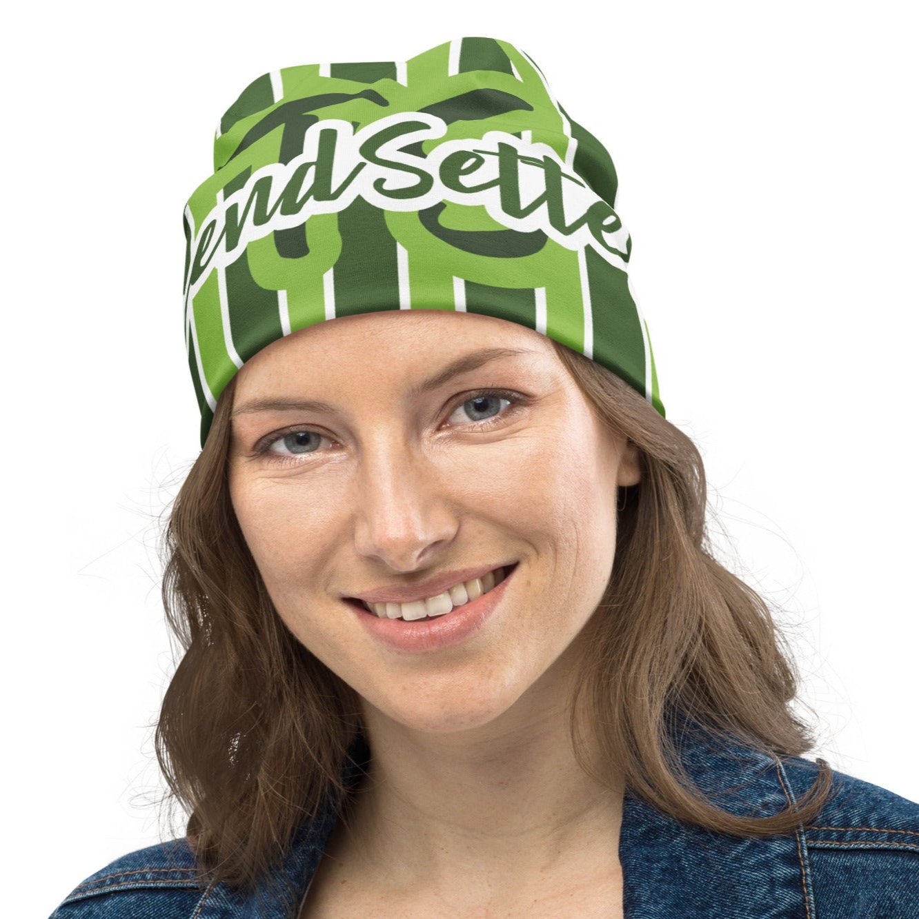 Front of green striped beanie with green and white text saying 'TrendSetter'