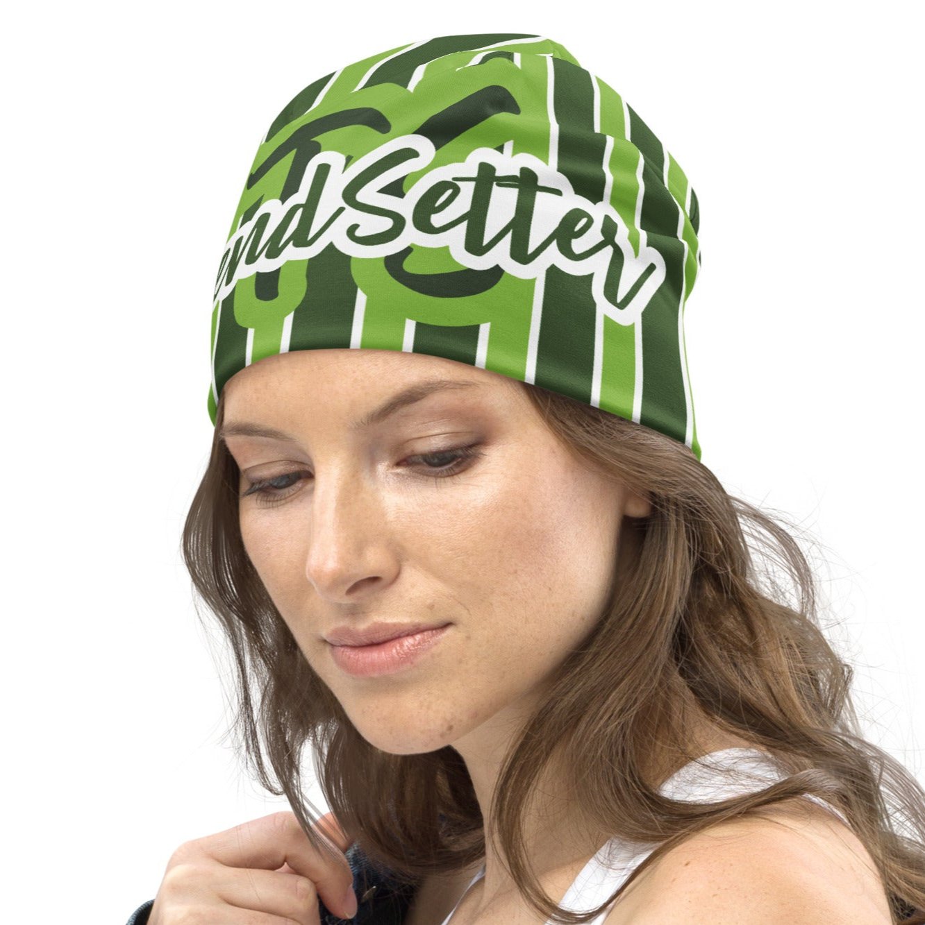 Left front of green striped beanie with green and white text saying 'TrendSetter'