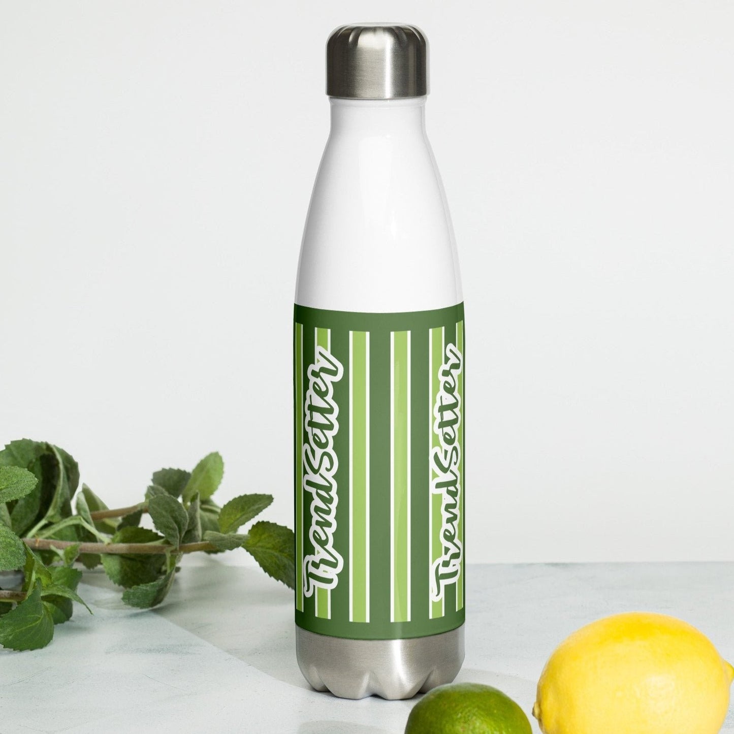 Front standing of TrendSetter white steel water bottle with green and white vertical stripes and green and white text saying 'TrendSetter'