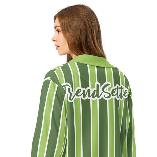 Back angled of green and white track jacket and green and white text saying 'TrendSetter' across the back