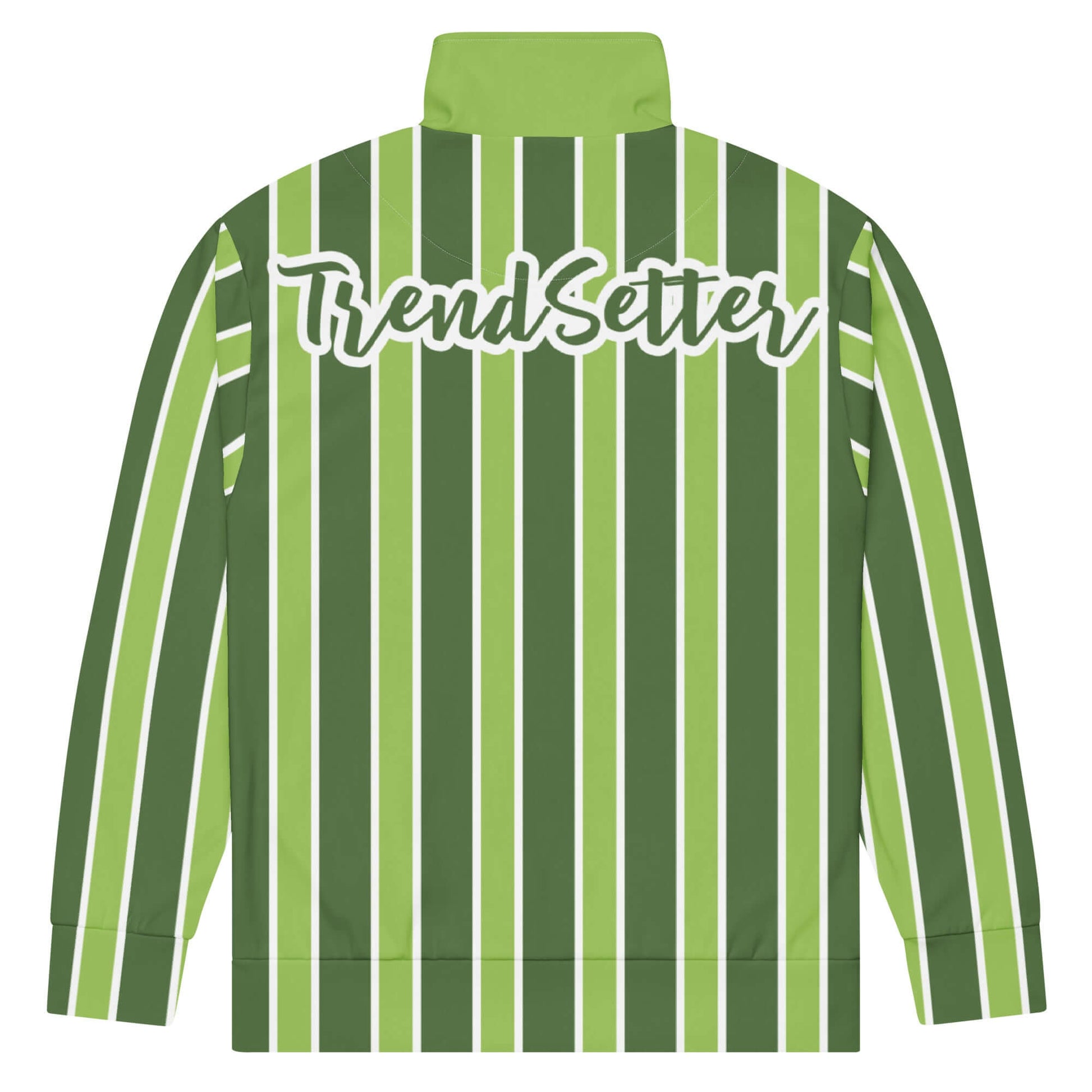 Back of green and white track jacket and green and white text saying 'TrendSetter' across the back