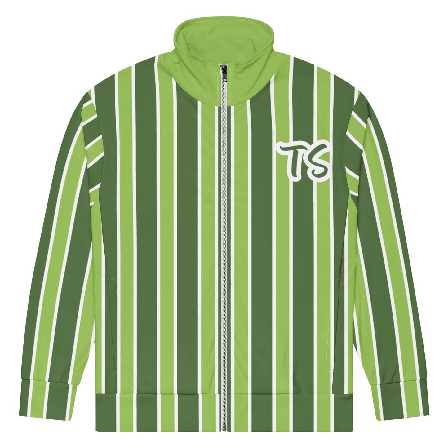 Front of green and white vertically stripped track jacket and green and white text saying 'TS' on the top left side