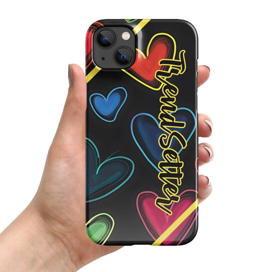 Front of TrendSetter iPhone 14 Love O My Love mobile case with black and heart background with text saying 'TrendSetter'