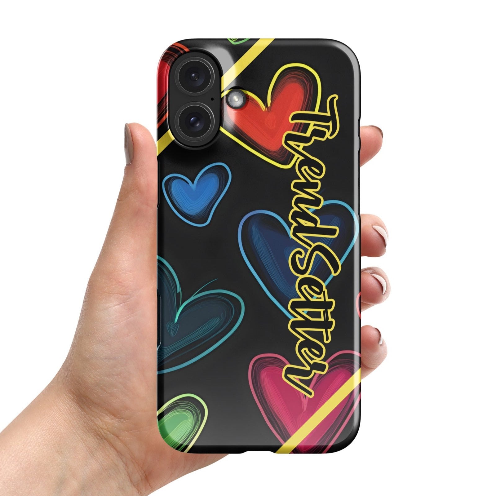 Front of TrendSetter iPhone 16 Love O My Love mobile case with black and heart background with text saying 'TrendSetter'