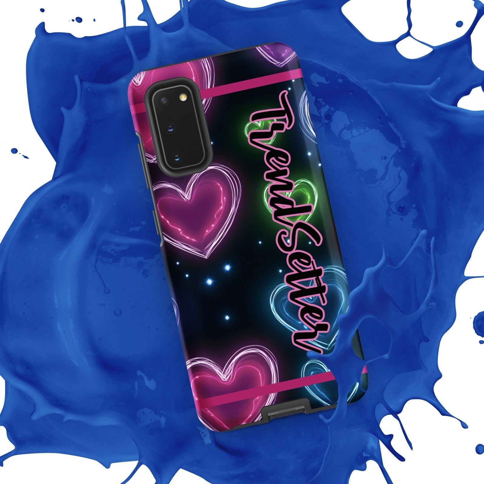 Front of TrendSetter Samsung 20 Love O Love mobile case with black and heart background with text saying 'TrendSetter'