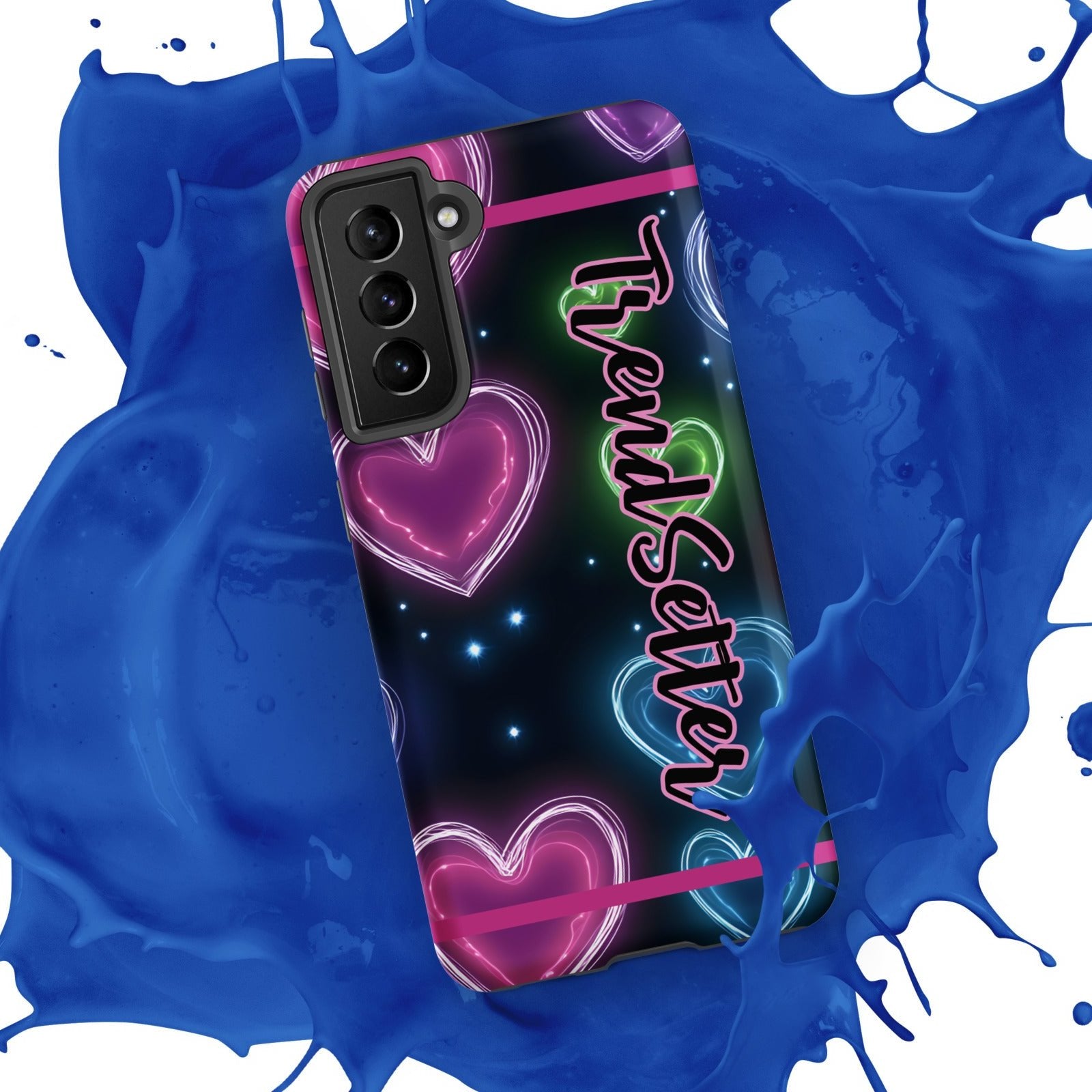 Front of TrendSetter Samsung 21 Love O Love mobile case with black and heart background with text saying 'TrendSetter'