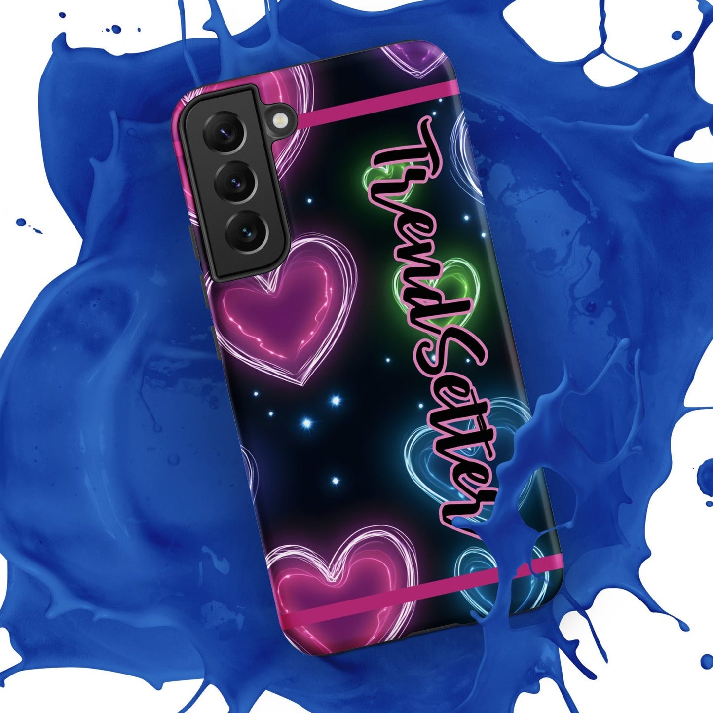 Front of TrendSetter Samsung 22 Love O Love mobile case with black and heart background with text saying 'TrendSetter'