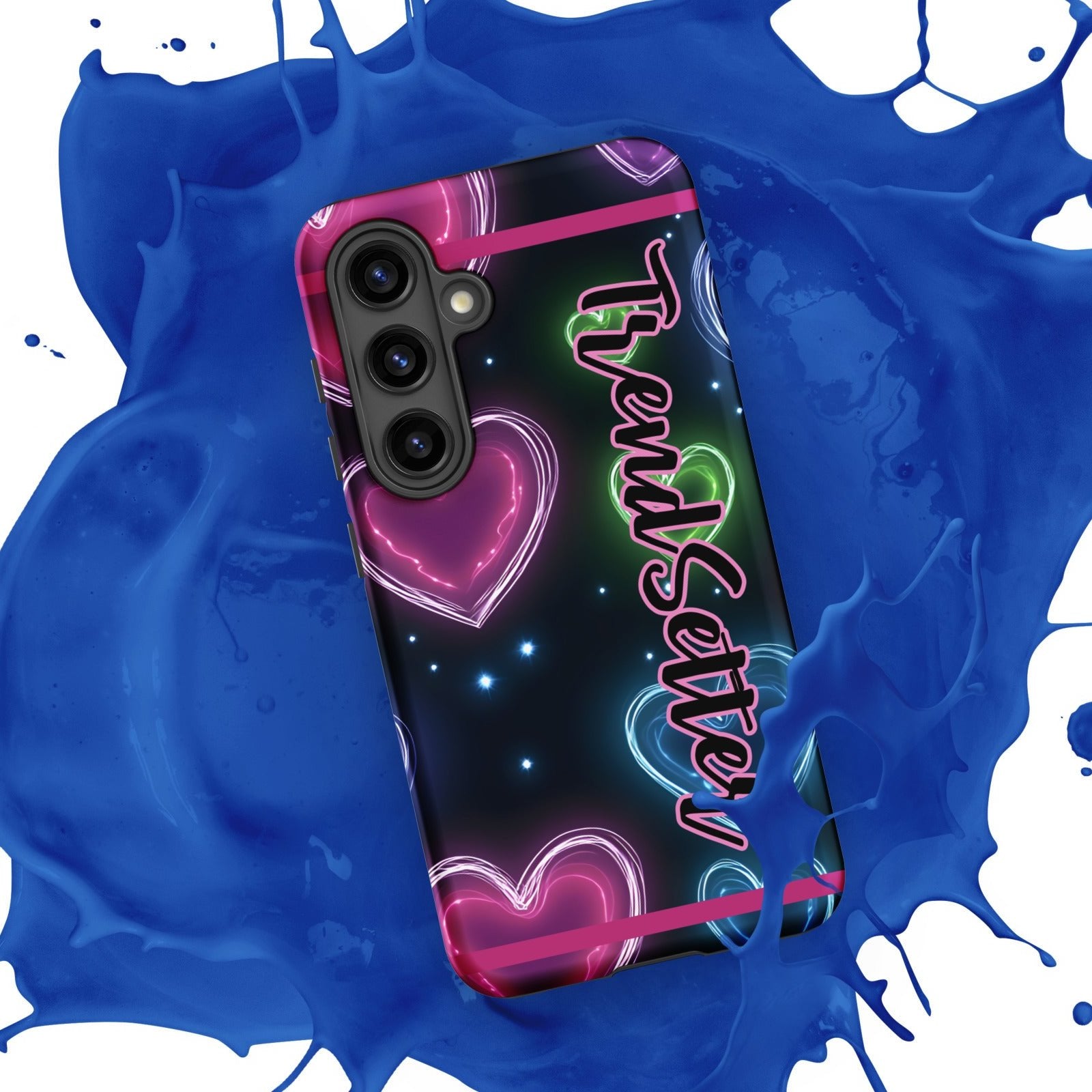 Front of TrendSetter Samsung 24 Love O Love mobile case with black and heart background with text saying 'TrendSetter'