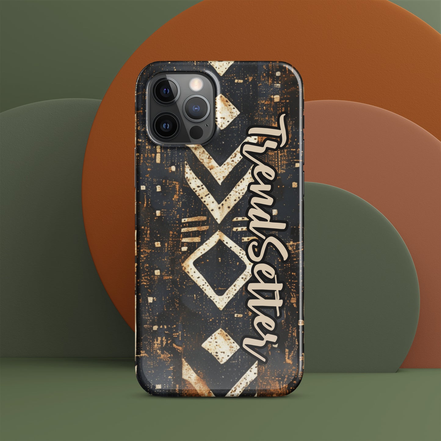 Front of iPhone 12 pro case with black African print and words 'TrendSetter'