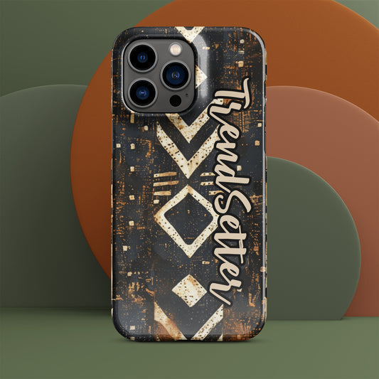 Front of iPhone 14 pro case with black African print and words 'TrendSetter'