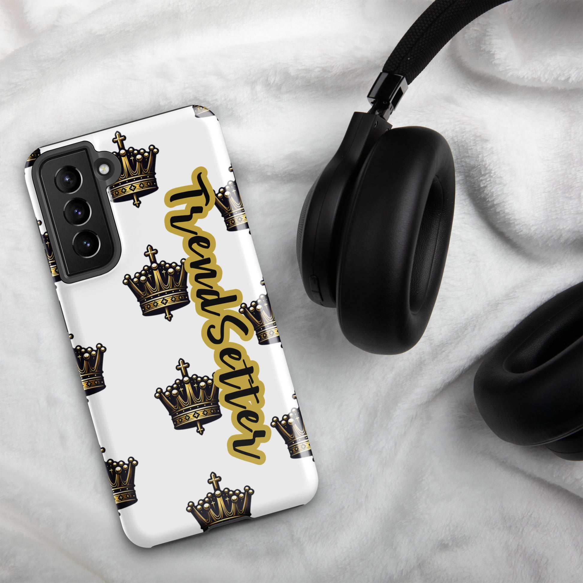 Front of s21 Samsung case with white background with crowns and gold and black text saying 'TrendSetter'