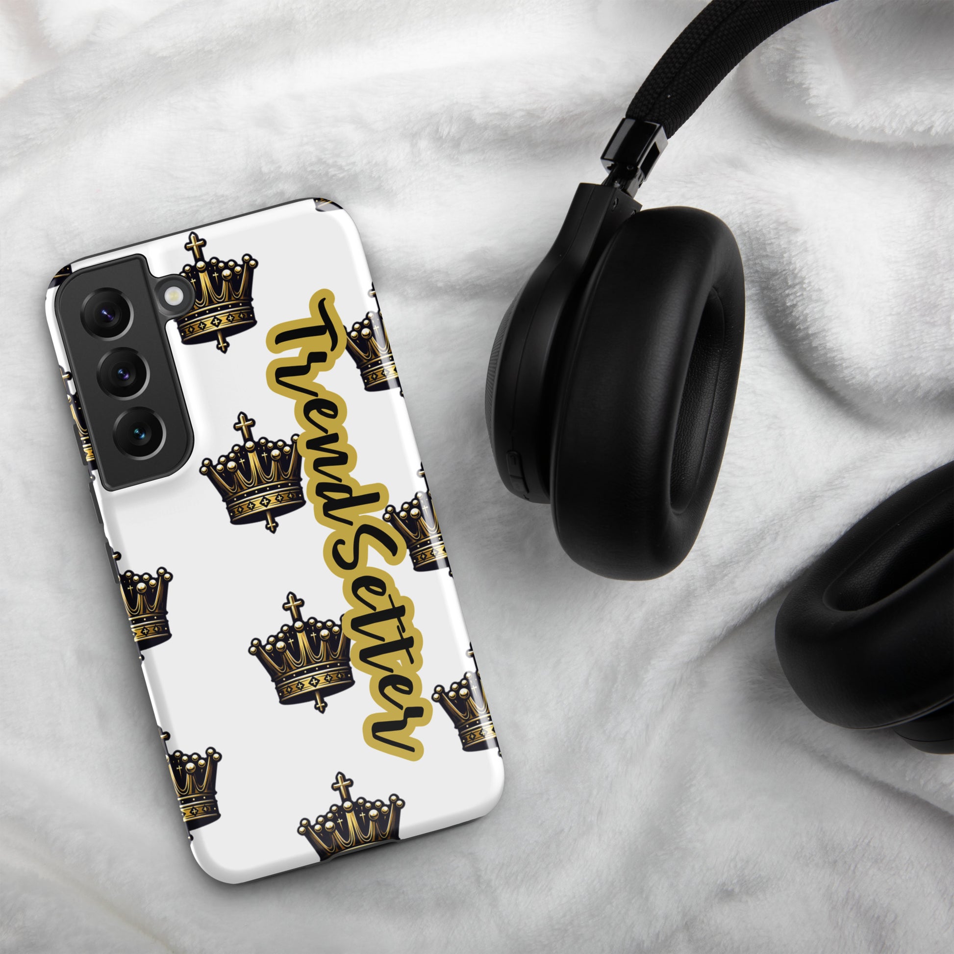 Front of s22 Samsung case with white background with crowns and gold and black text saying 'TrendSetter'