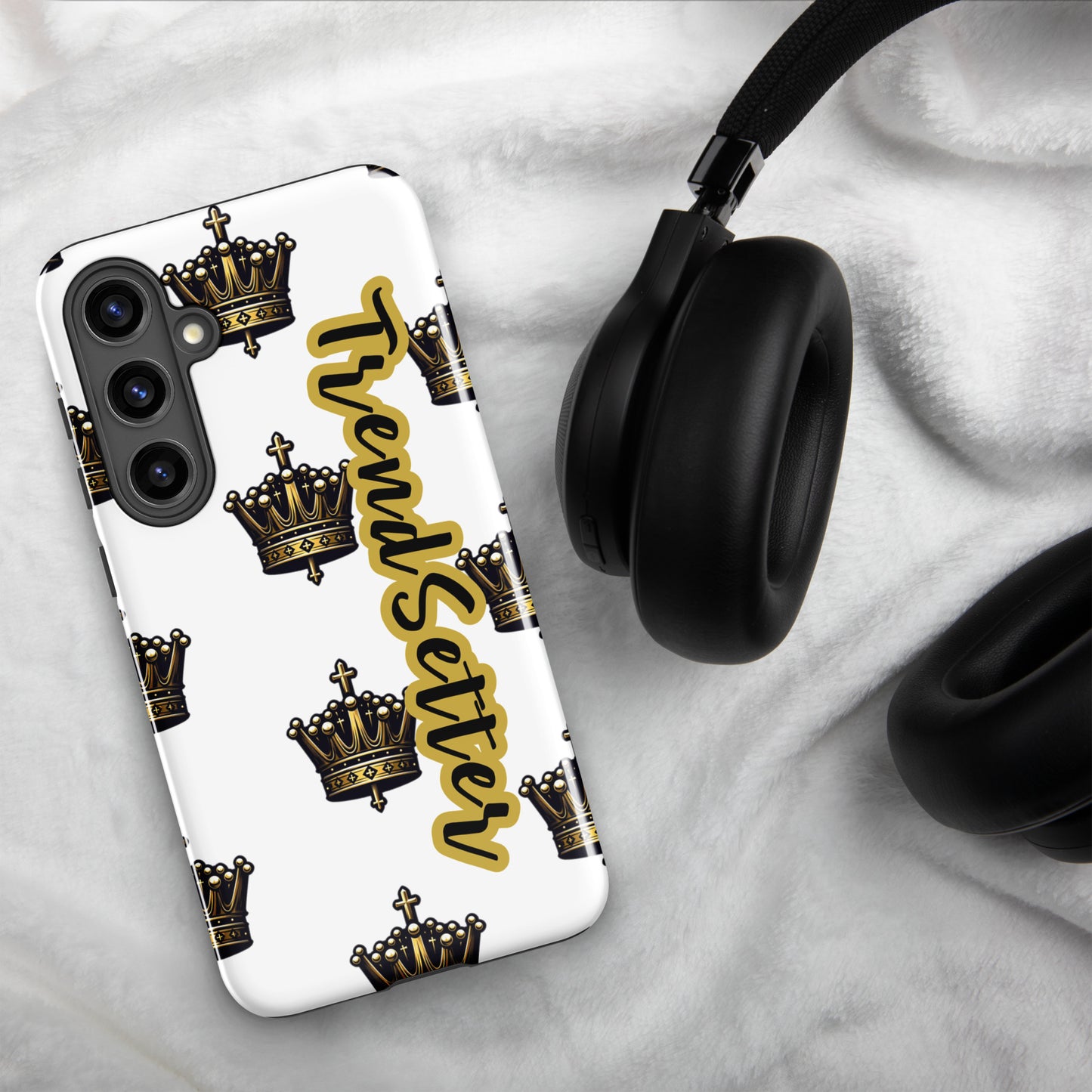 Front of s24 Samsung case with white background with crowns and gold and black text saying 'TrendSetter'