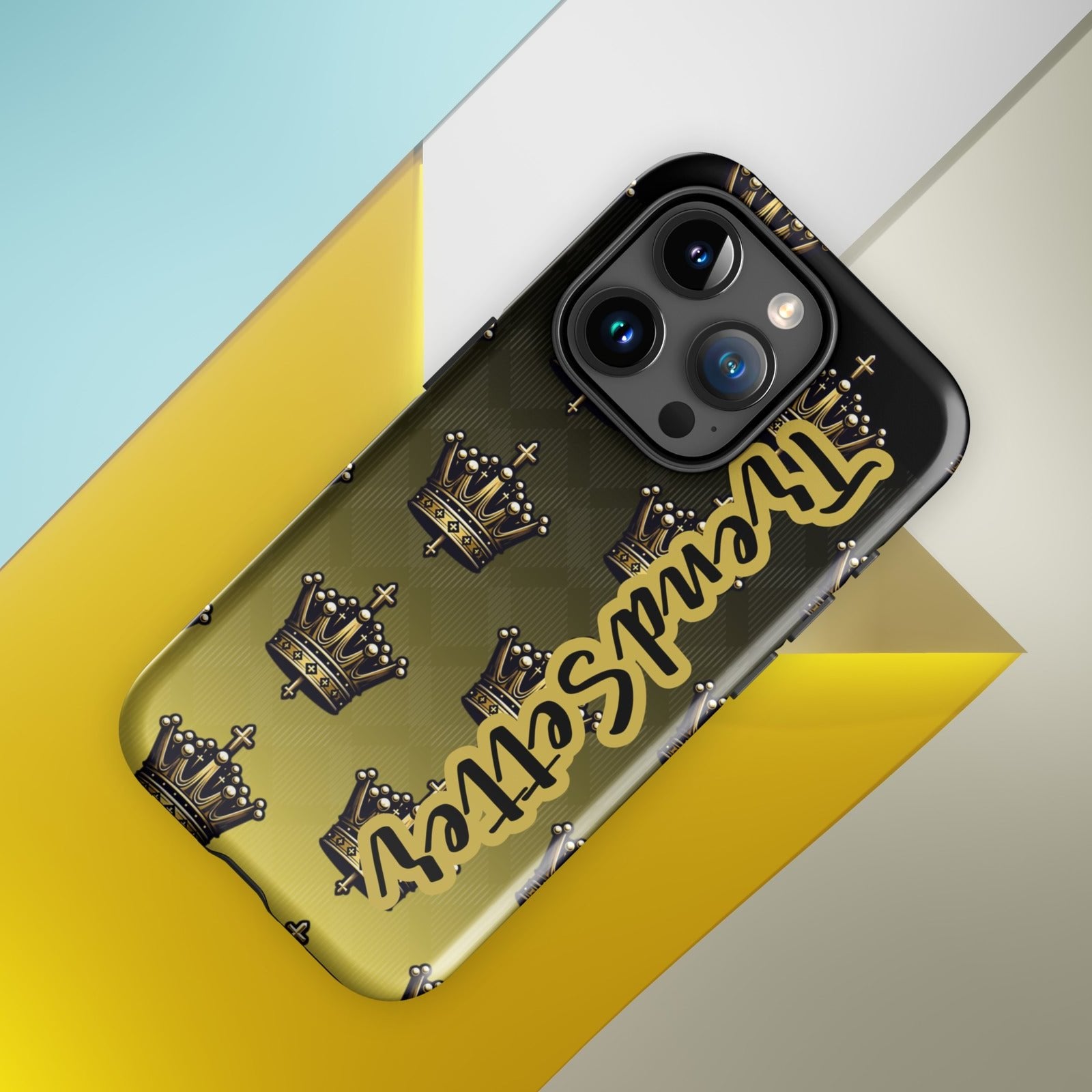 Front of 15 iPhone case with black and gold background with crowns and gold and black text saying 'TrendSetter'