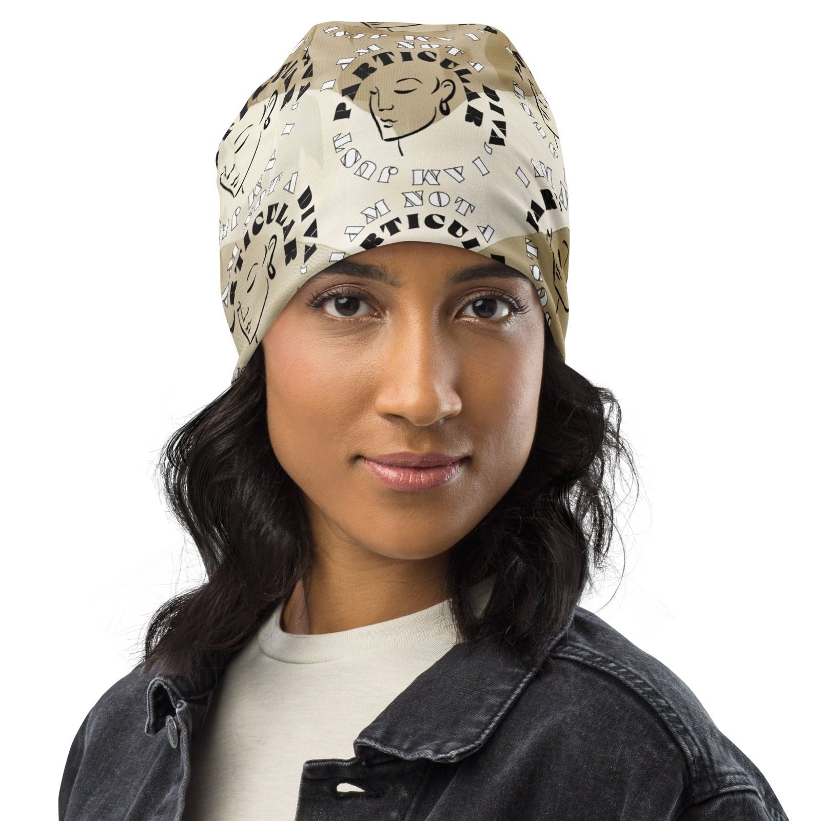 Front of Beige and cream beanie with image of lady and text saying 'I am not a diva, I am just particular'