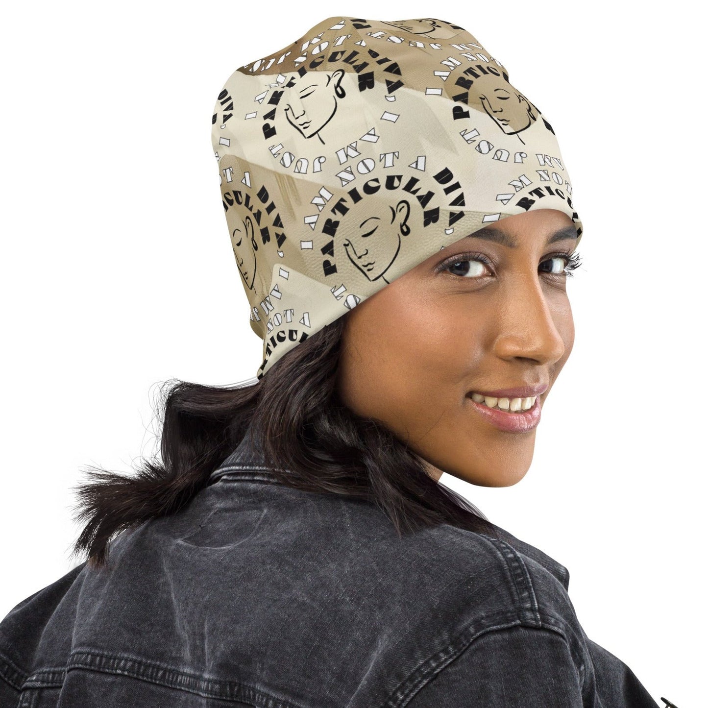 Right front of Beige and cream beanie with image of lady and text saying 'I am not a diva, I am just particular'