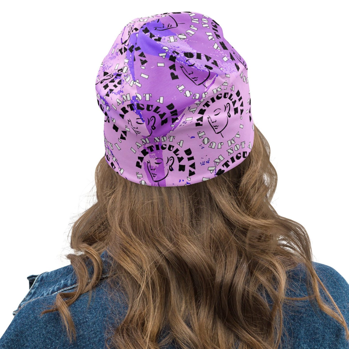 Back of purple patterned beanie with image of lady and text saying 'I am not a diva, I am just particular'