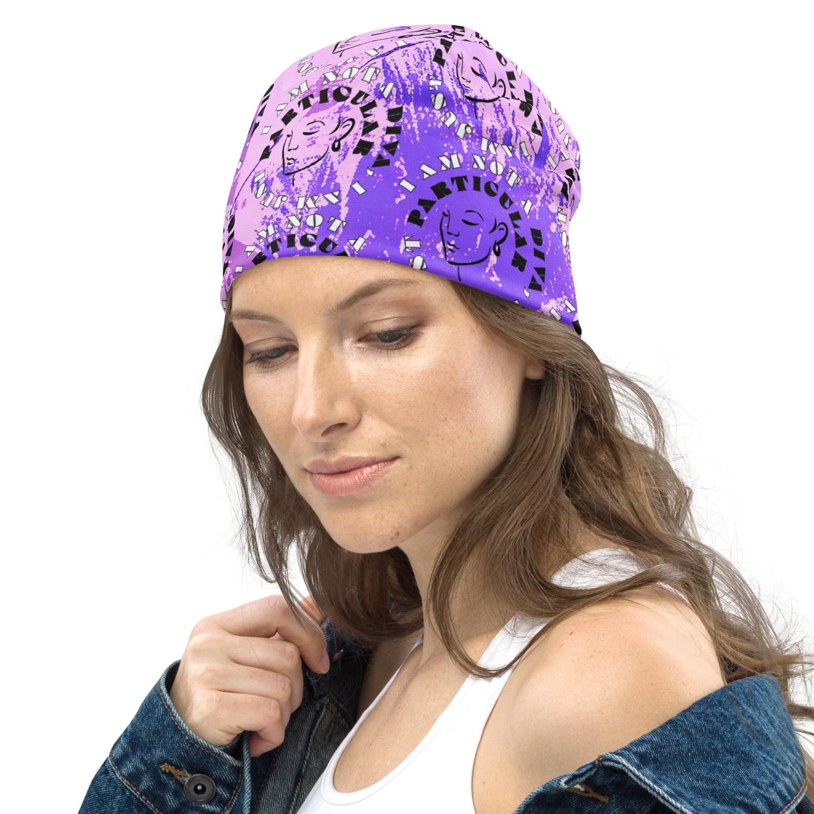 Left Front of purple patterned beanie with image of lady and text saying 'I am not a diva, I am just particular'