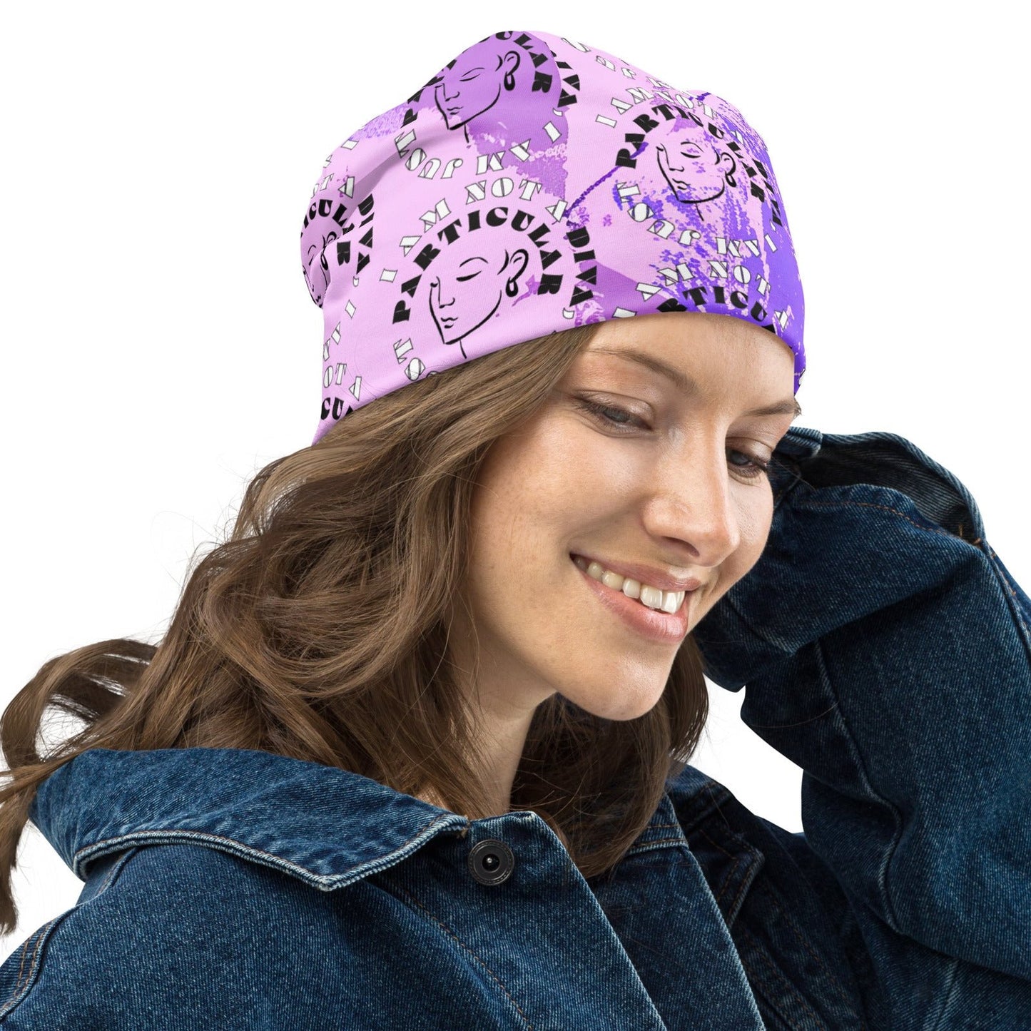 Right front of purple patterned beanie with image of lady and text saying 'I am not a diva, I am just particular'