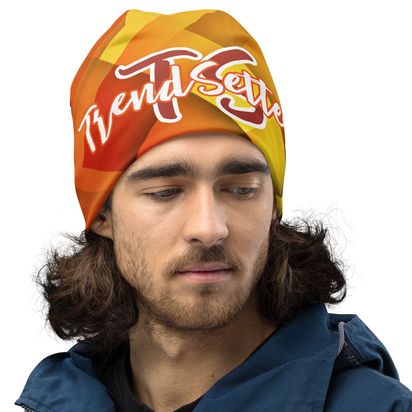 
Front of orange, gold and maroon beanie with text saying 'TS, TrendSetter'
