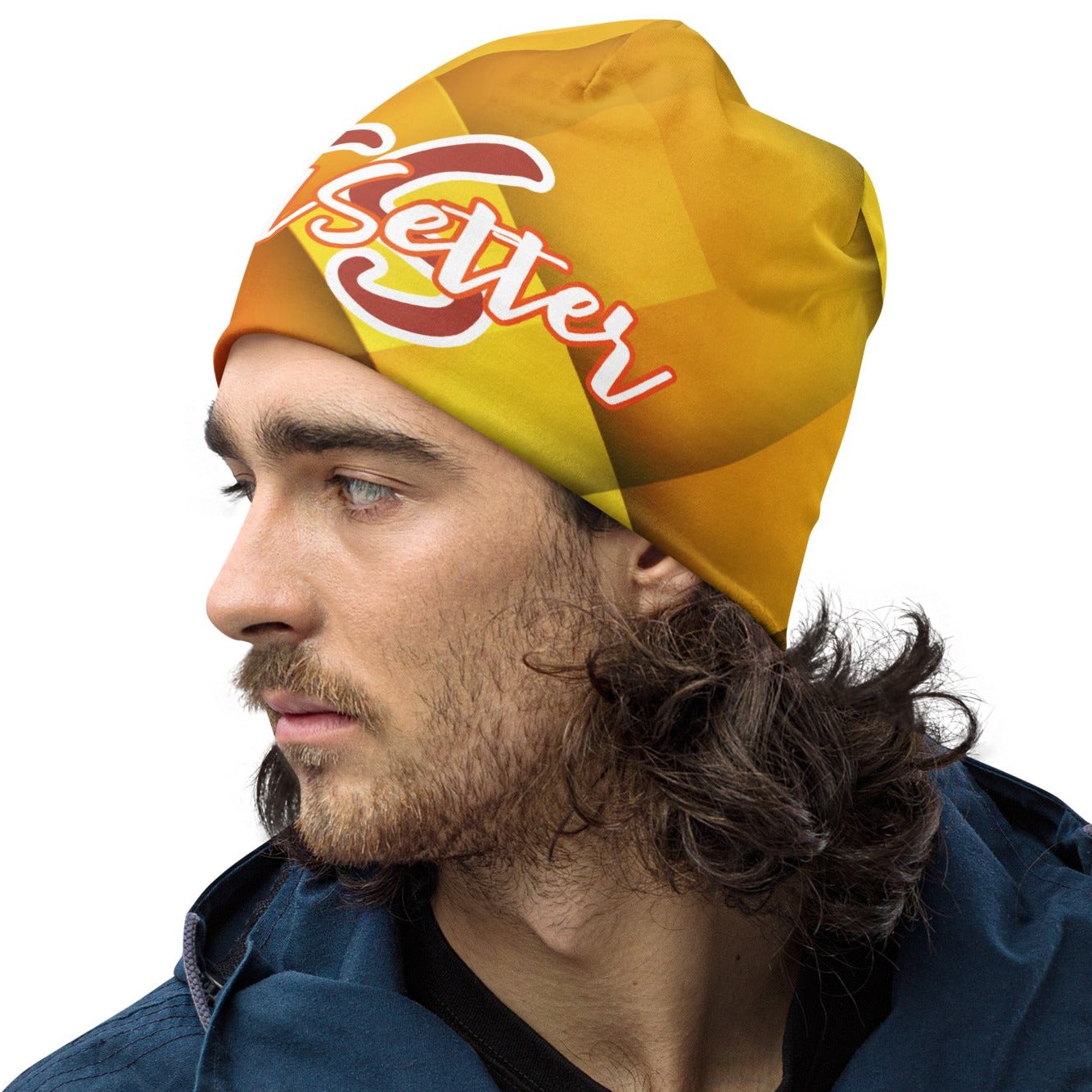 Left front of orange, gold and maroon beanie with text saying 'TS, TrendSetter'