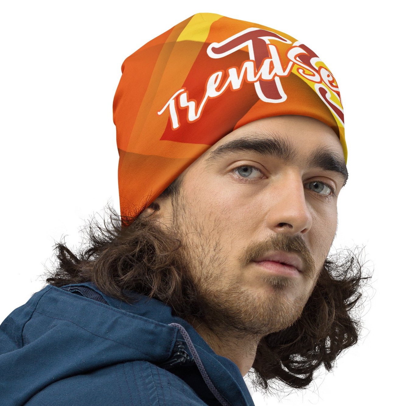 
Right front of orange, gold and maroon beanie with text saying 'TS, TrendSetter'
