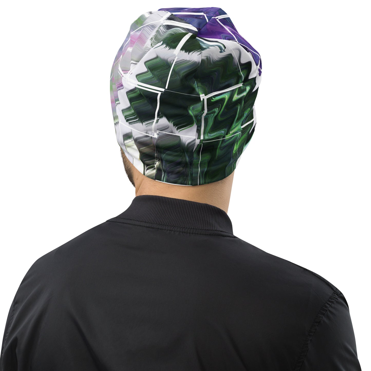 Back of purple and green print beanie 