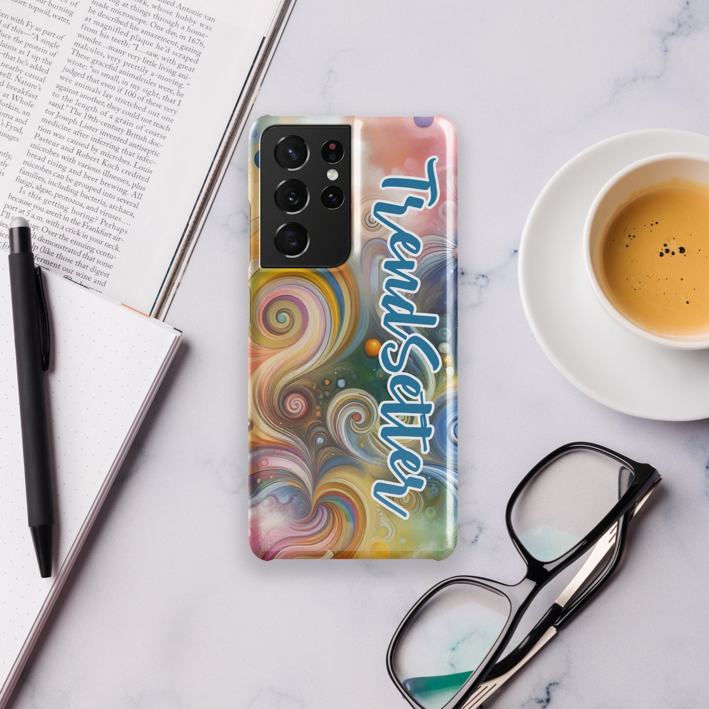 Front of s21 Samsung case with multi-colored swirls and blue and white text saying 'TrendSetter'