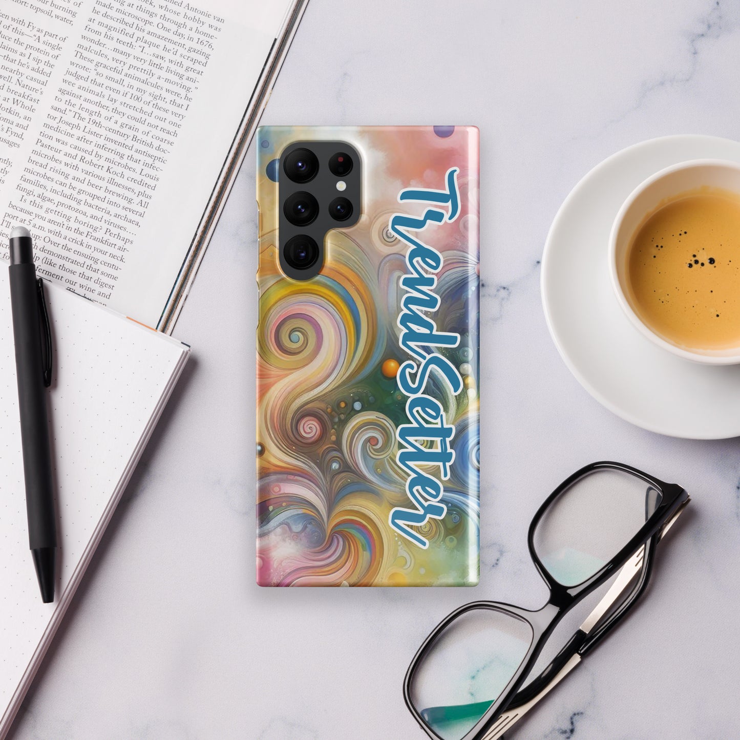 Front of s22 Samsung case with multi-colored swirls and blue and white text saying 'TrendSetter'