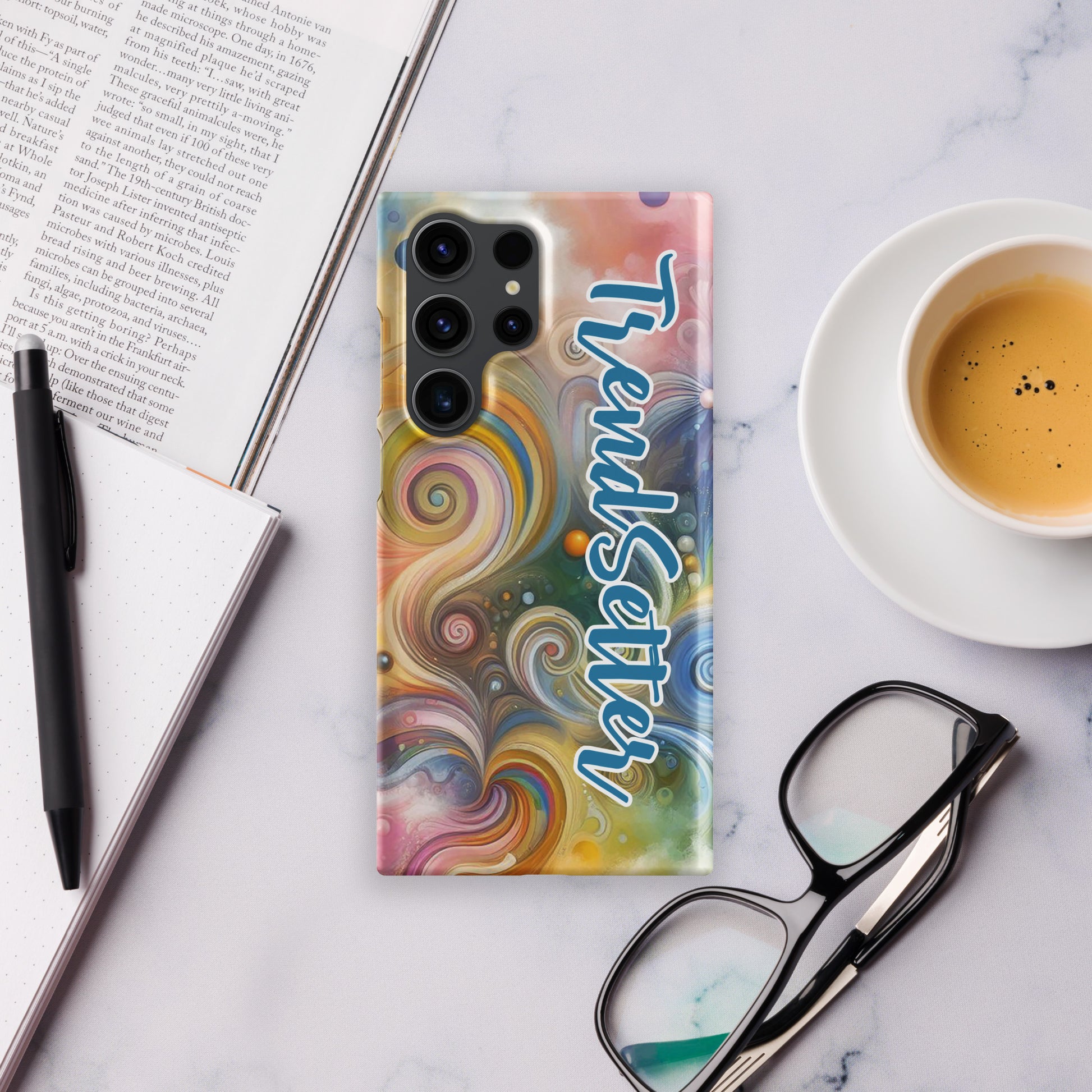 Front of s23 Samsung case with multi-colored swirls and blue and white text saying 'TrendSetter'