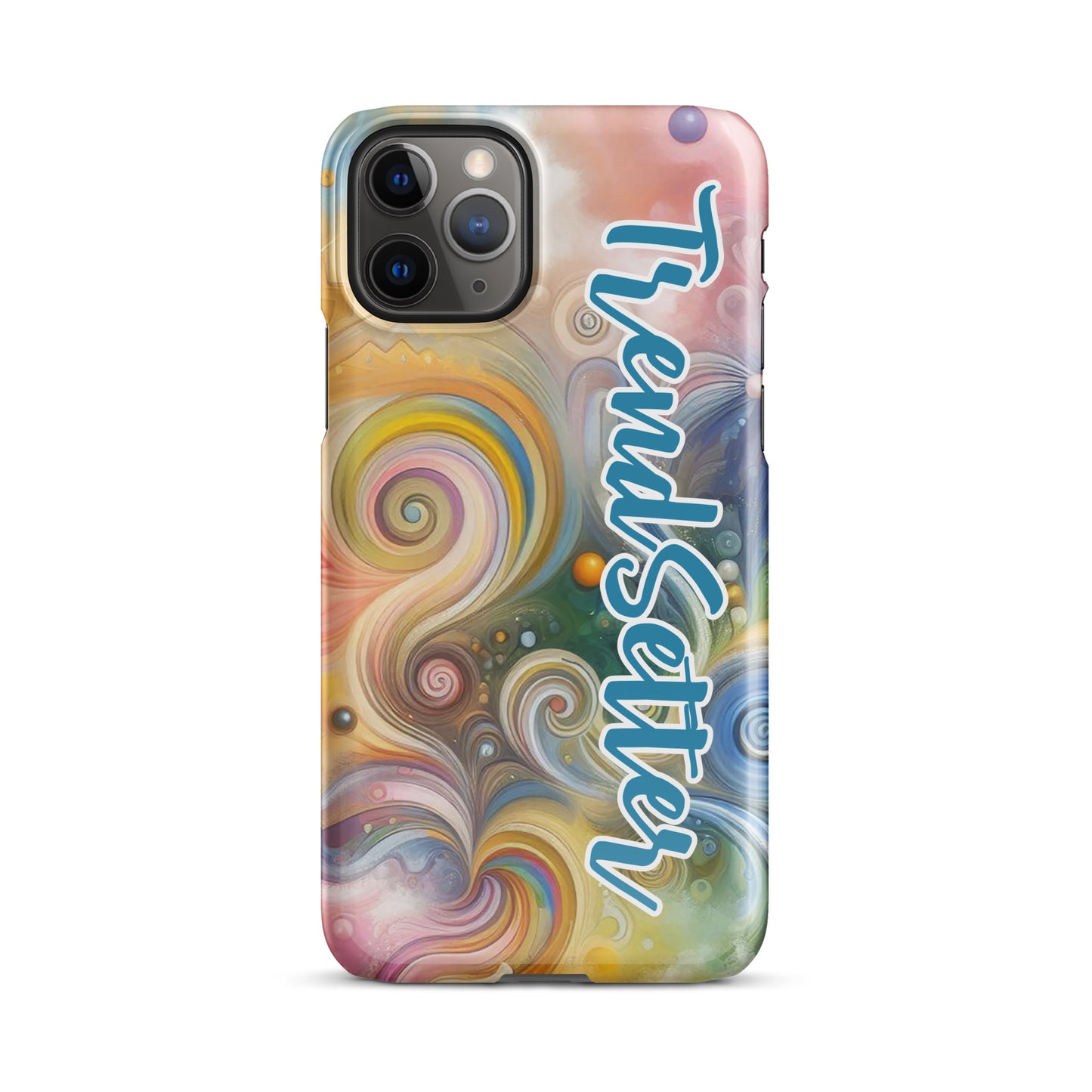 Front of iPhone 11 plus case with multi-colored swirls and blue and white text saying 'TrendSetter'
