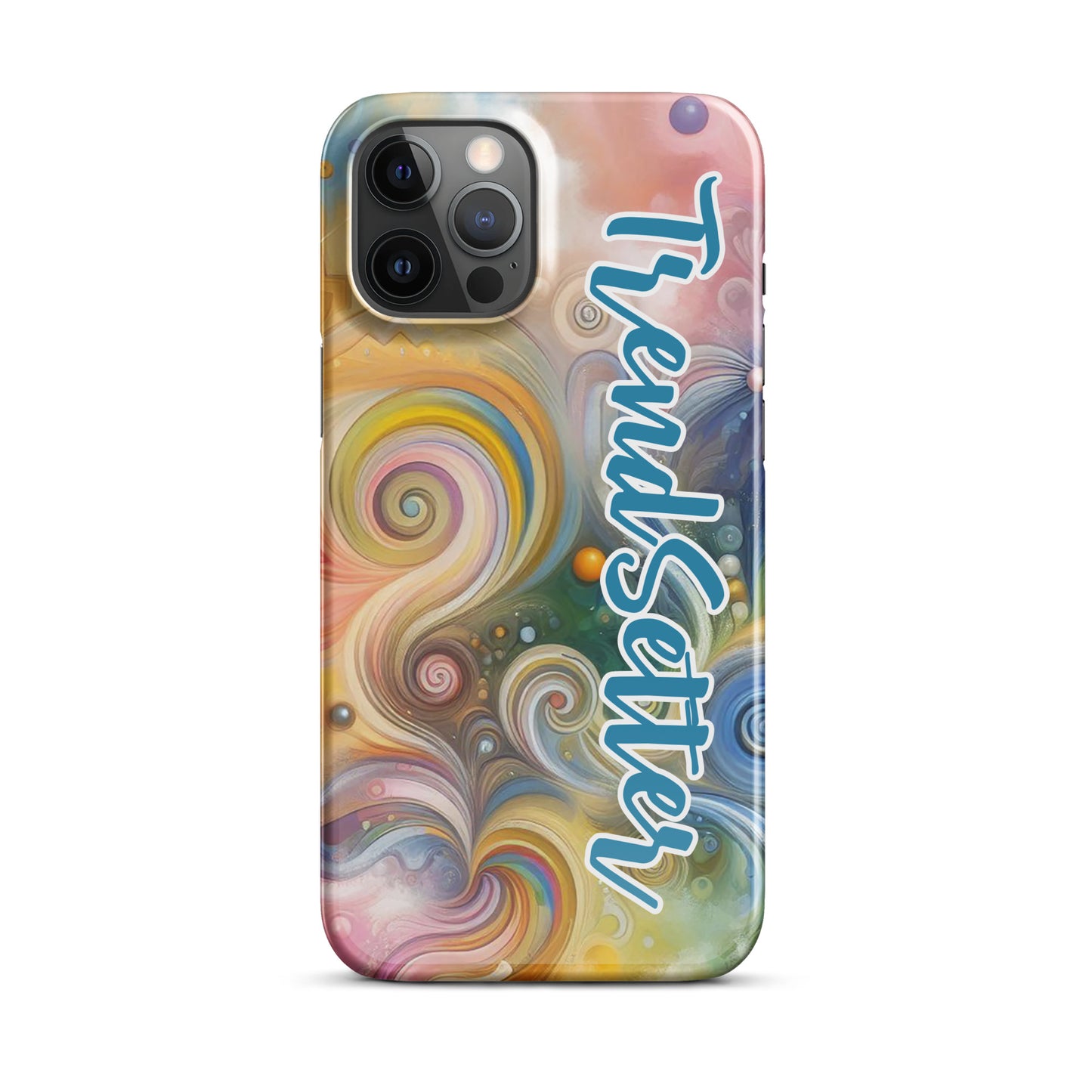 Front of iPhone 12 pro case with multi-colored swirls and blue and white text saying 'TrendSetter'