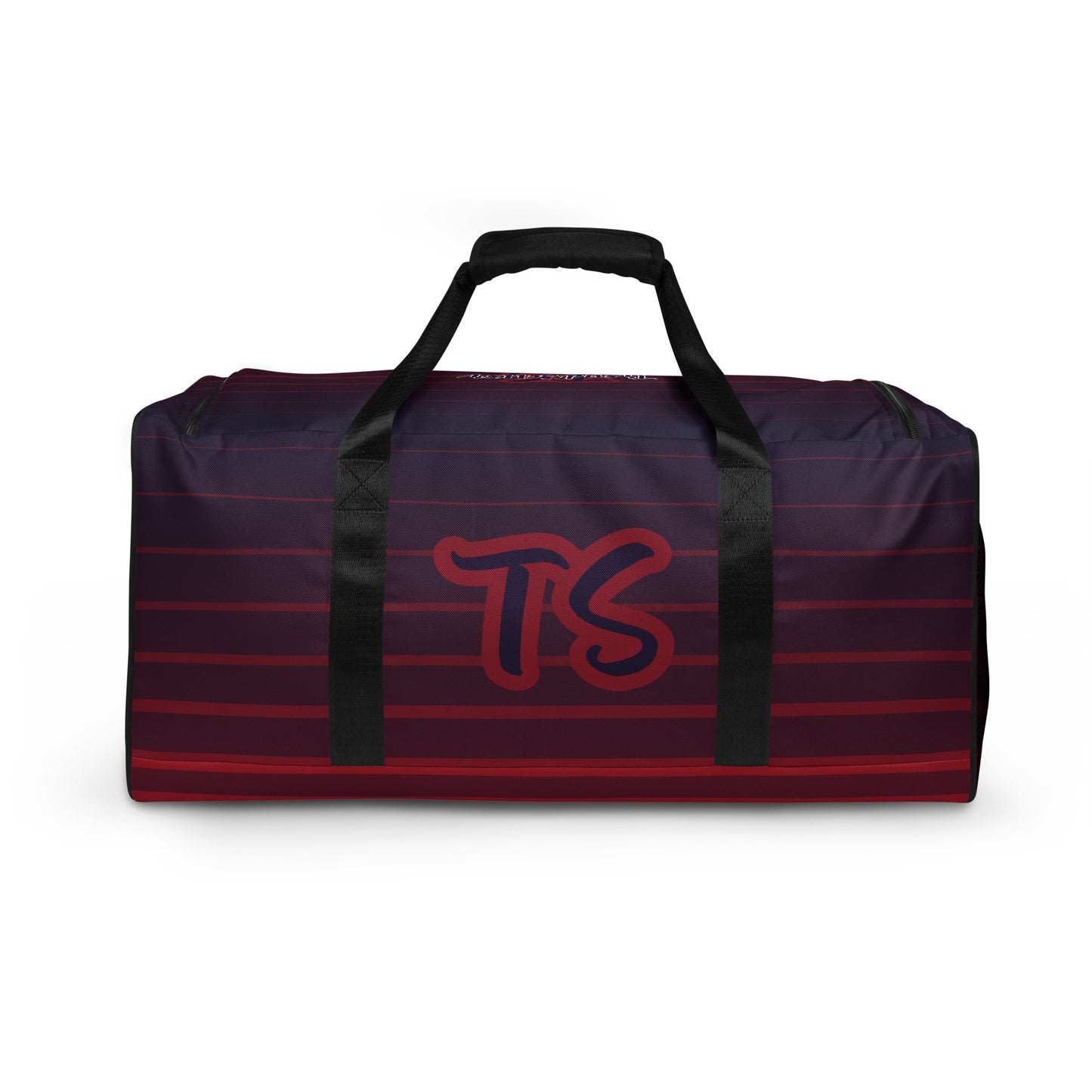 Back of TrendSetter United Duffle Bag with red and blue stripped design and with TS logo
