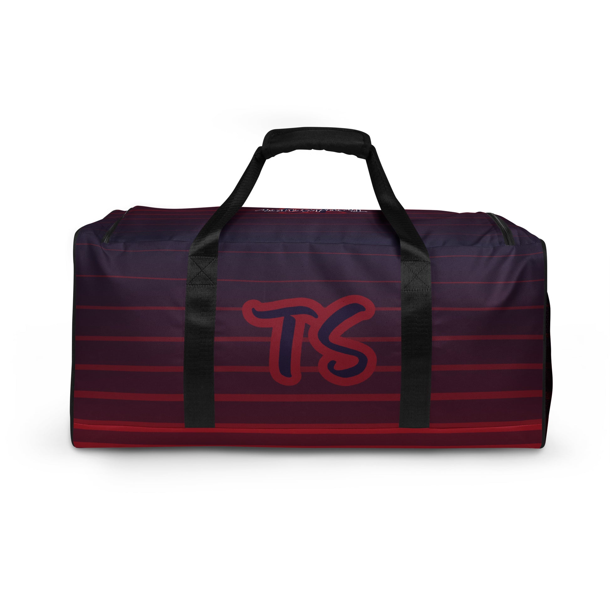 Back of TrendSetter United Duffle Bag with red and blue stripped design and with TS logo