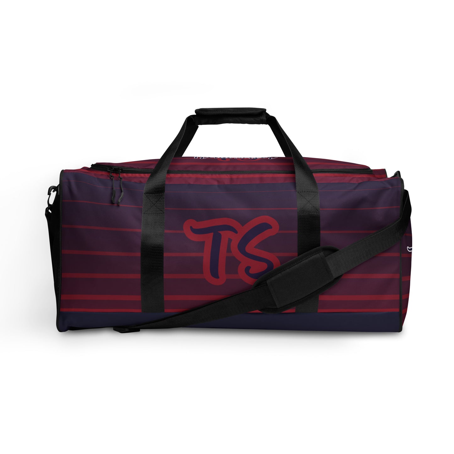 Front of TrendSetter United Duffle Bag with red and blue stripped design and with TS logo