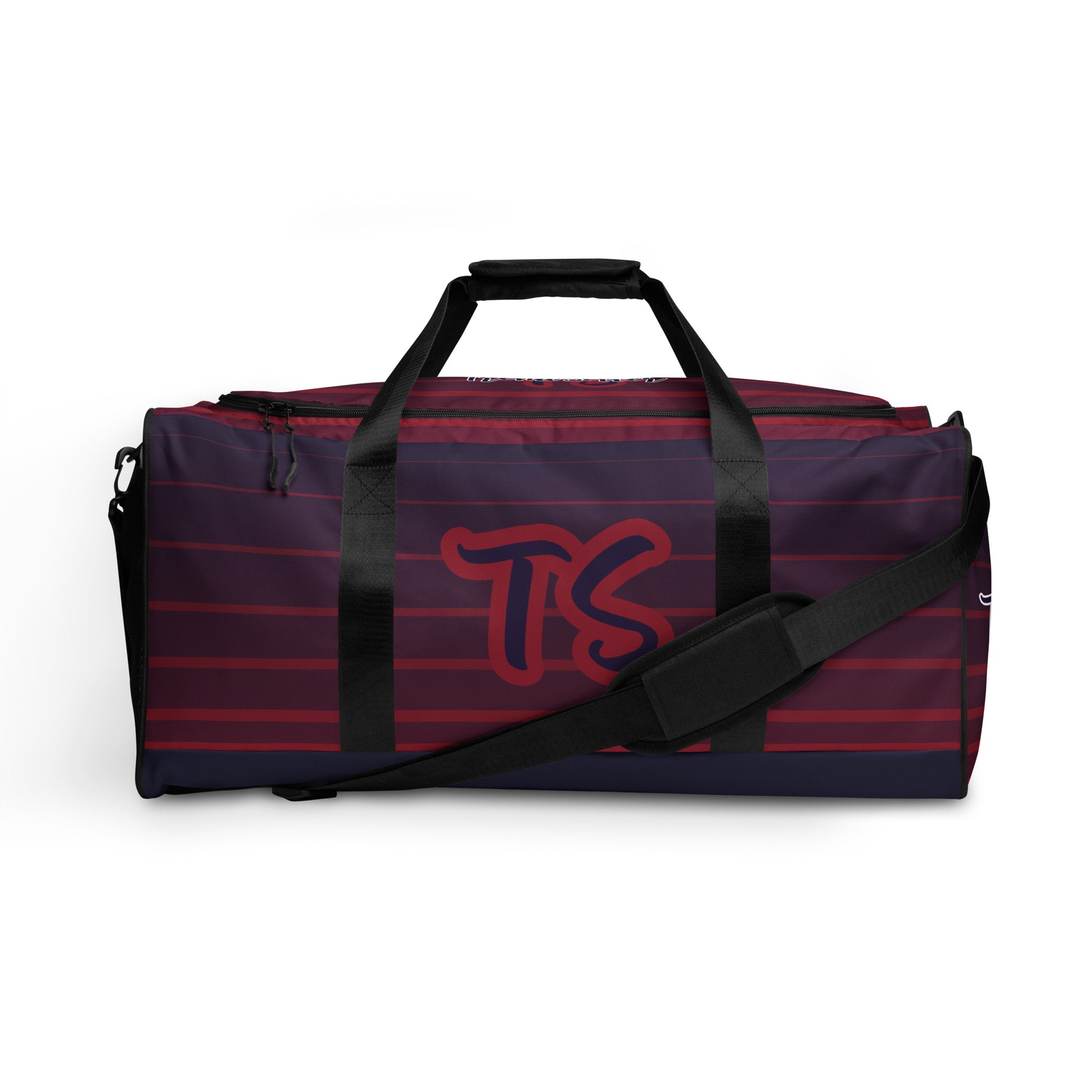 Front of TrendSetter United Duffle Bag with red and blue stripped design and with TS logo