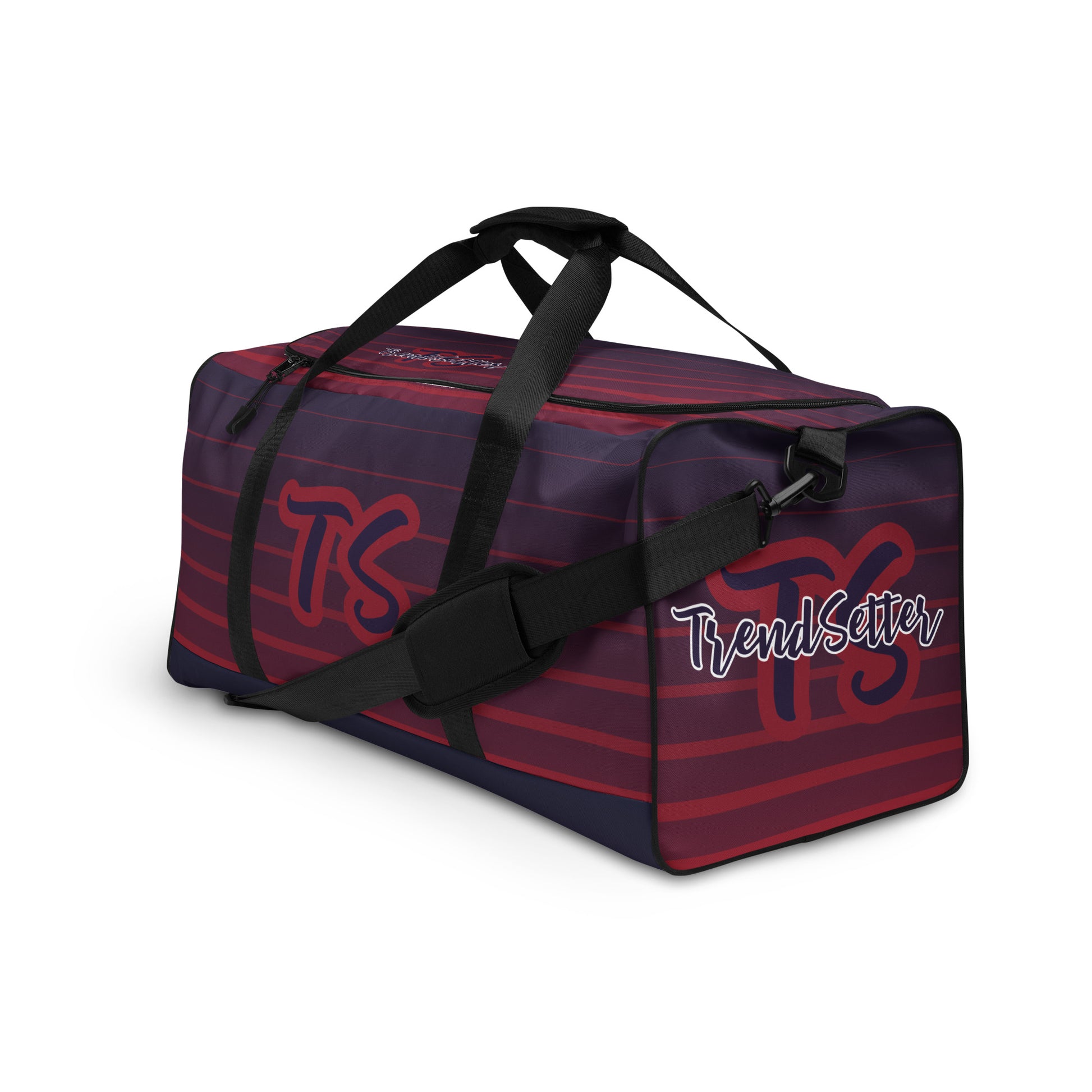Left front of TrendSetter United Duffle Bag with red and blue stripped design and with TS-TrendSetter logos