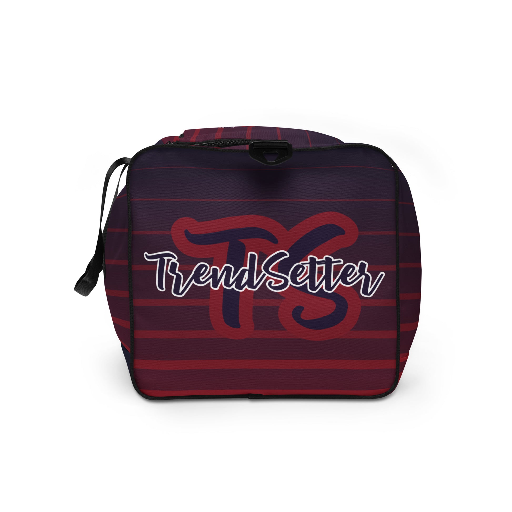Left side of TrendSetter United Duffle Bag with red and blue stripped design and with TS-TrendSetter logo