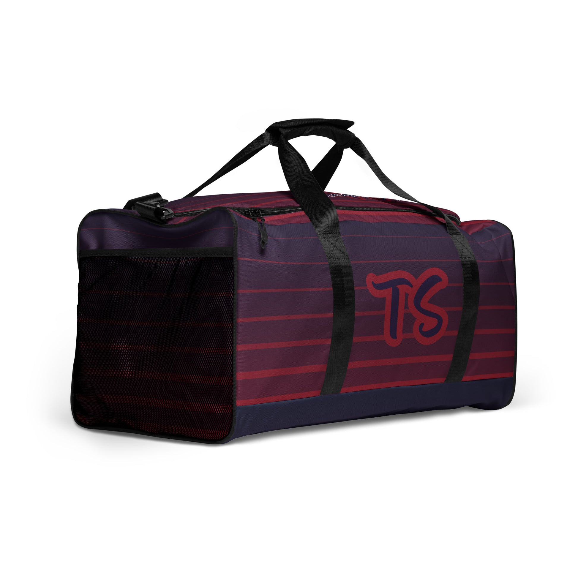 Right front of TrendSetter United Duffle Bag with red and blue stripped design and with TS logo
