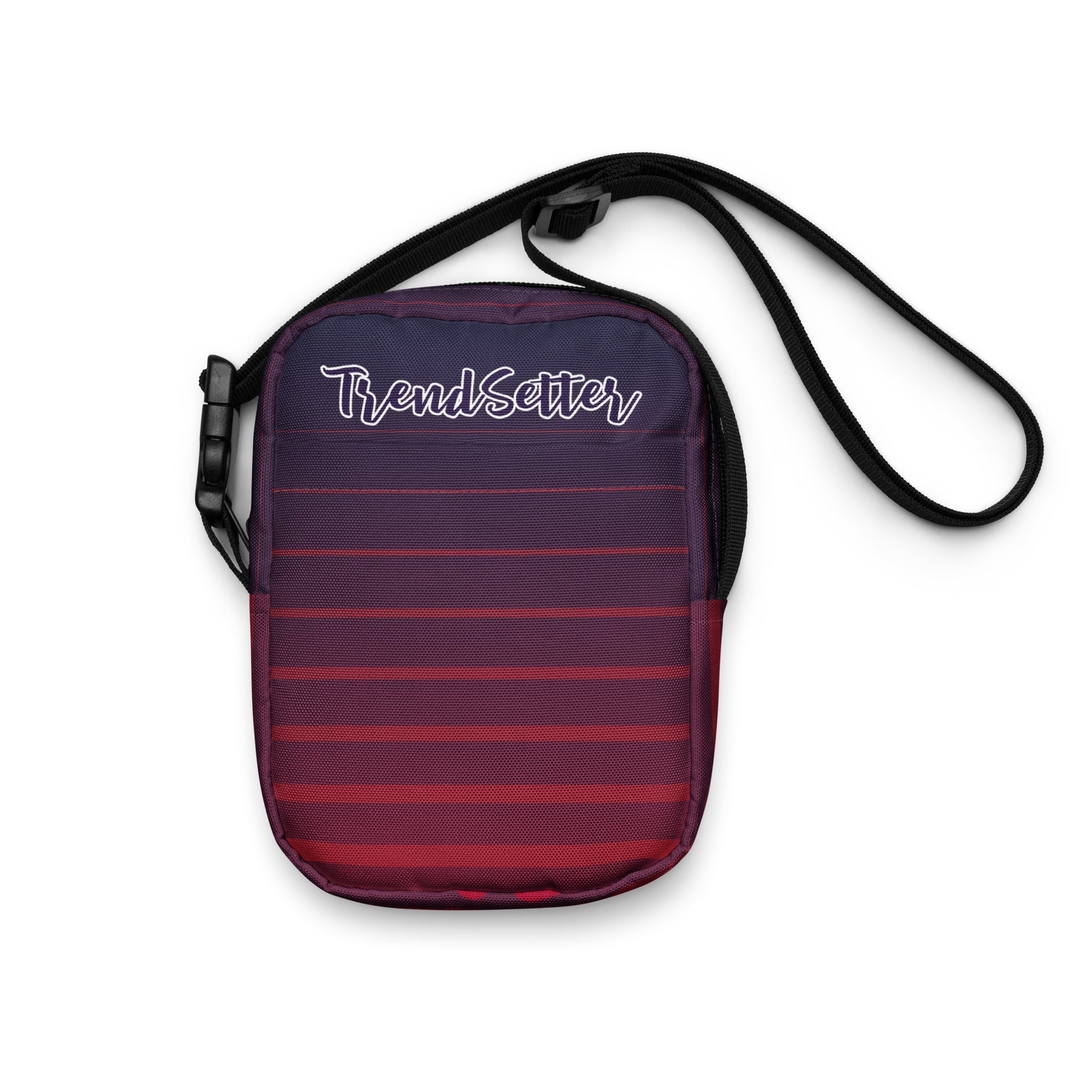 Front of TrendSetter Utility Crossbody Bag with red and blue stripped design and with TrendSetter logo