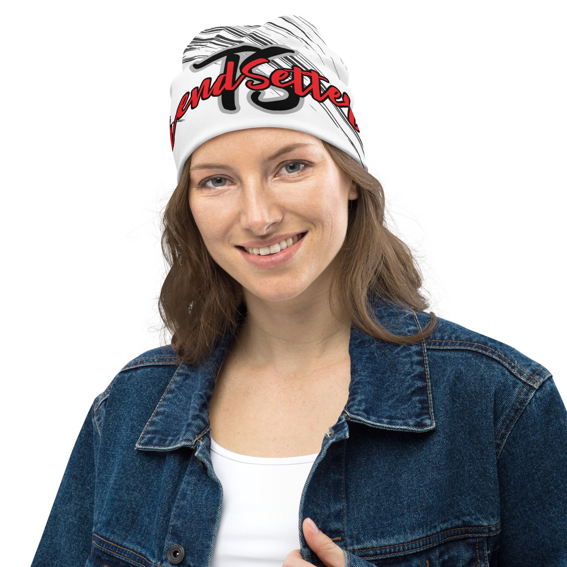 Front of black and white beanie with black and gray text saying 'TS' and red and black text saying 'TrendSetter' 