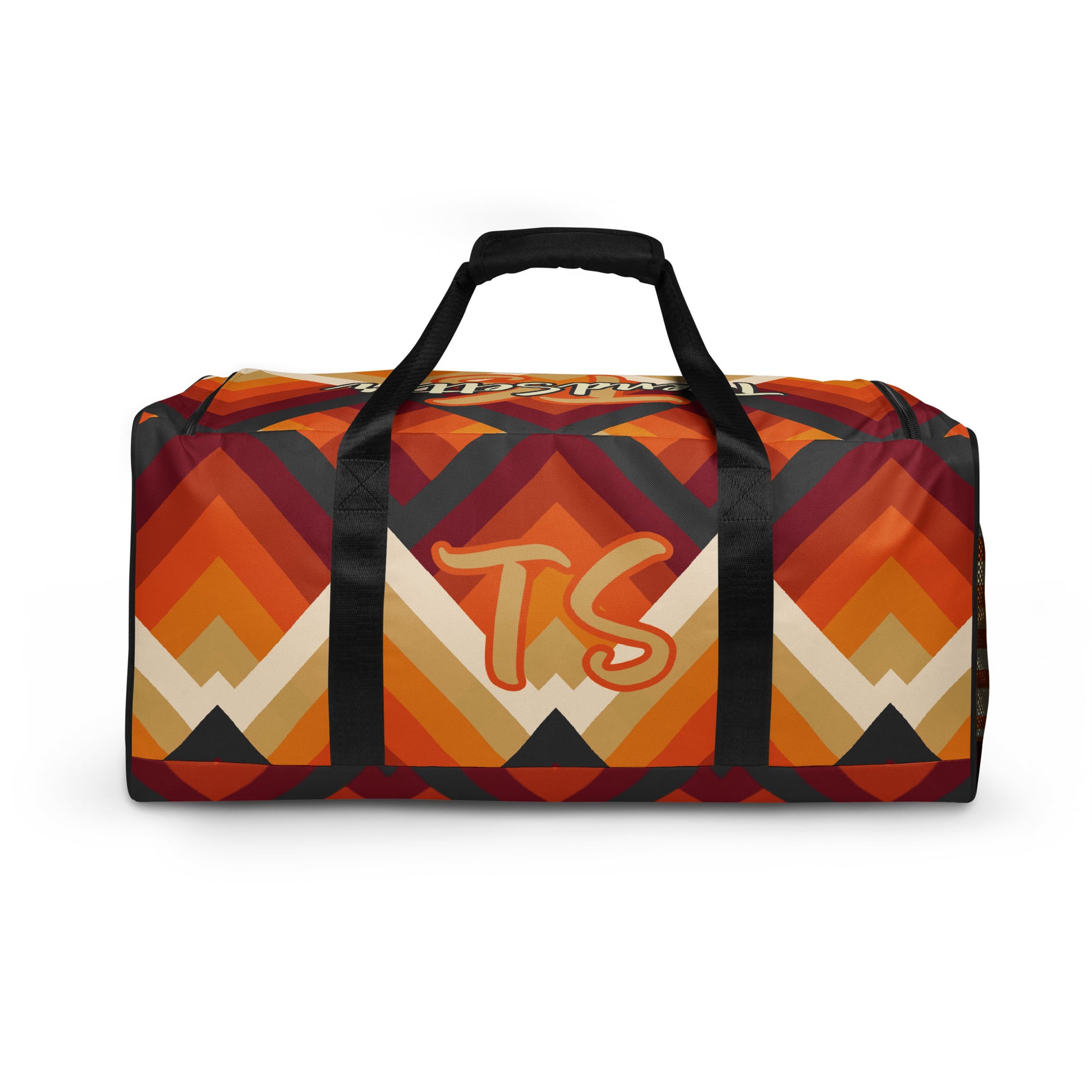 Back of orange tribal print duffel with text saying 'TS TrendSetter'