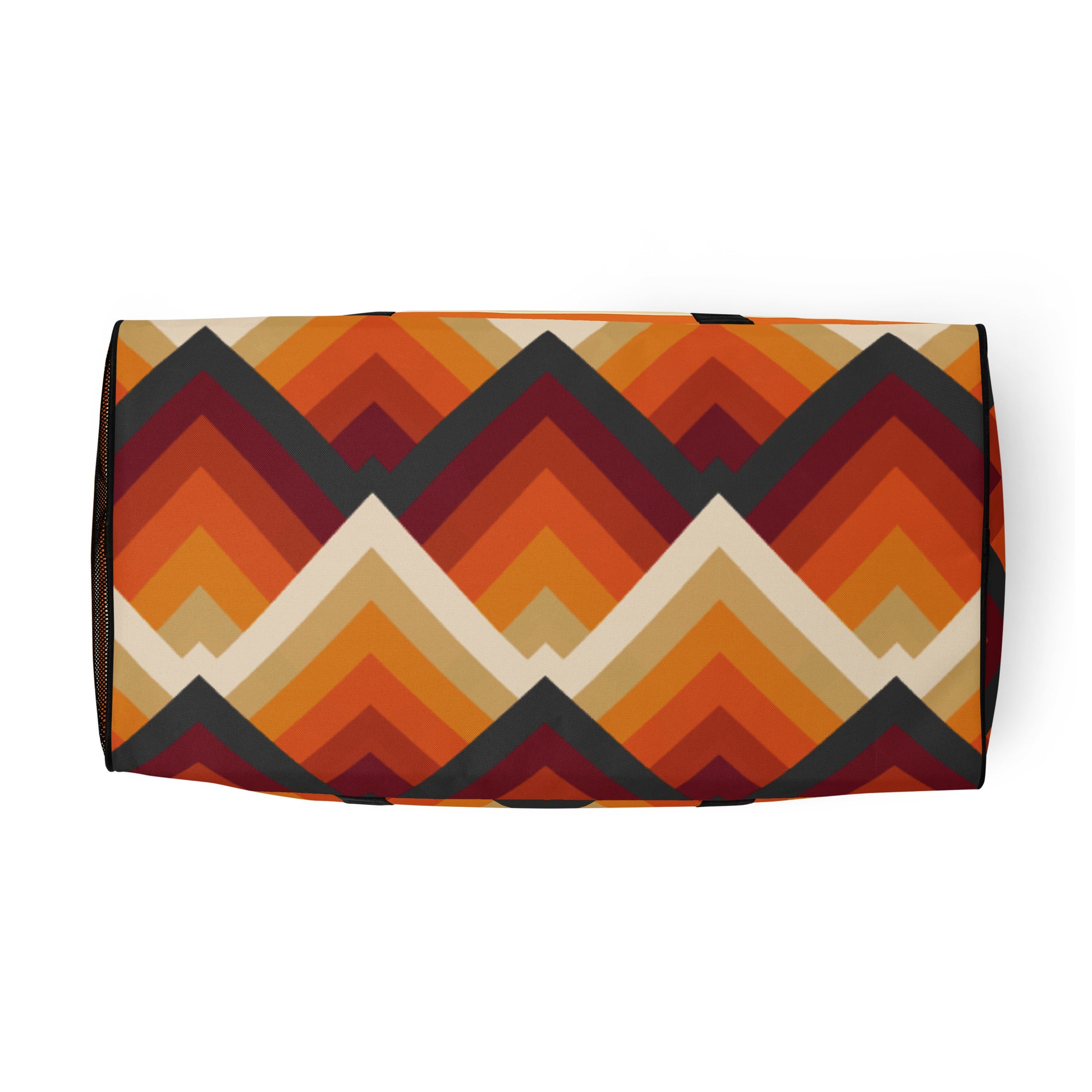 Bottom front of orange tribal print duffel