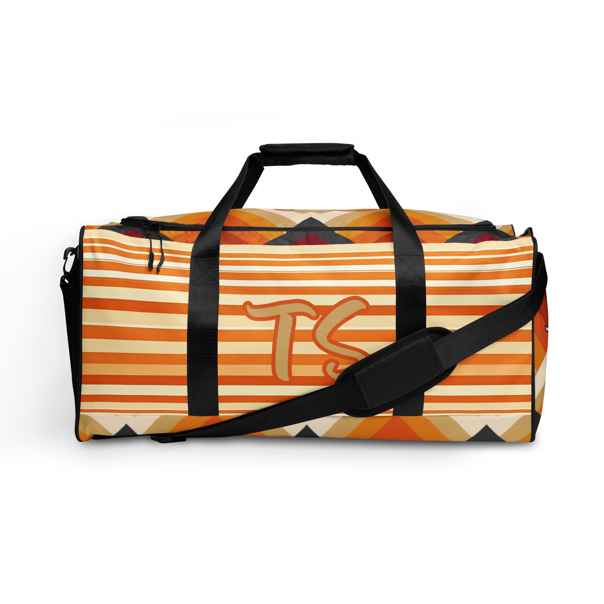 Front of orange tribal print duffel with text saying 'TS TrendSetter'