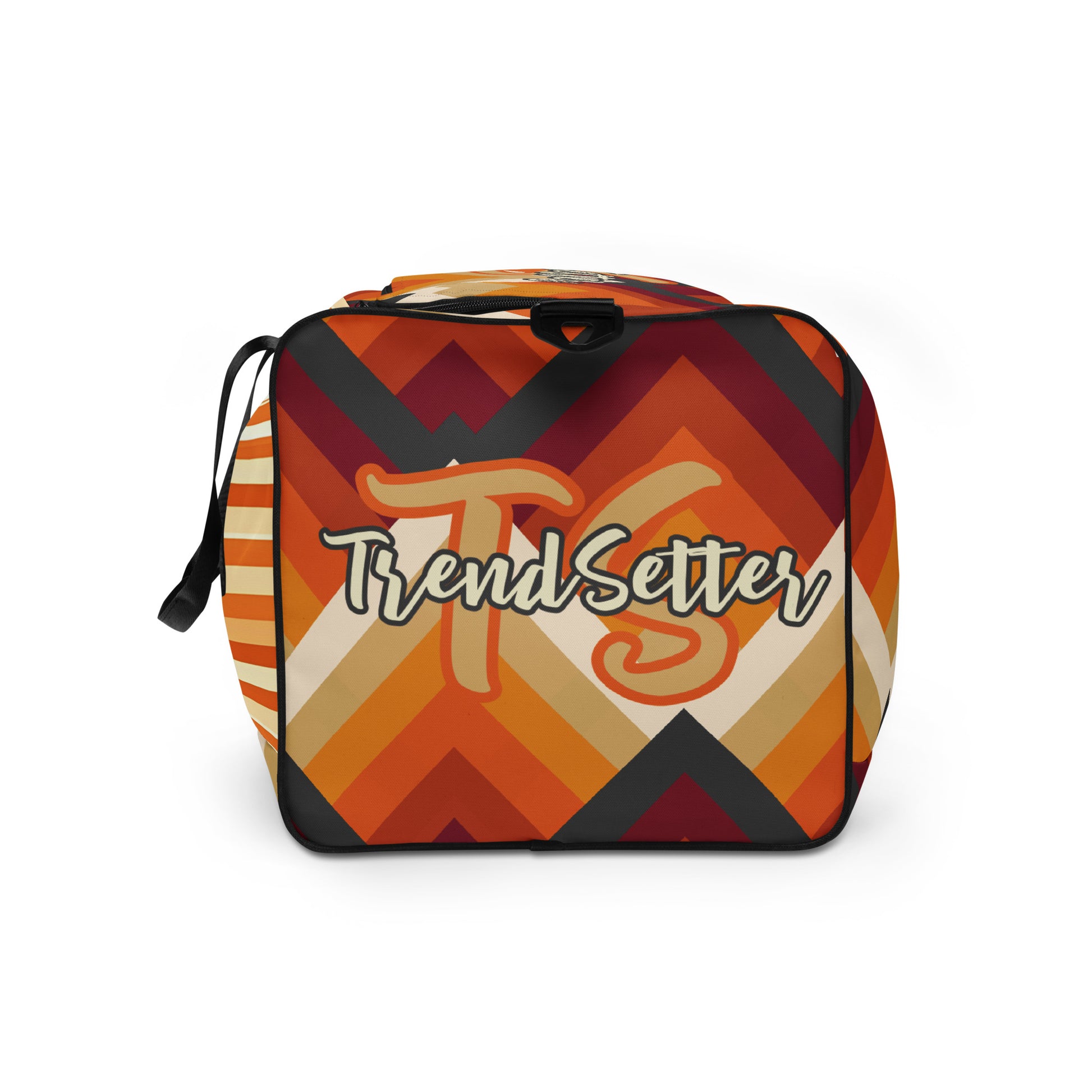Left side of orange tribal print duffel with text saying 'TS TrendSetter'
