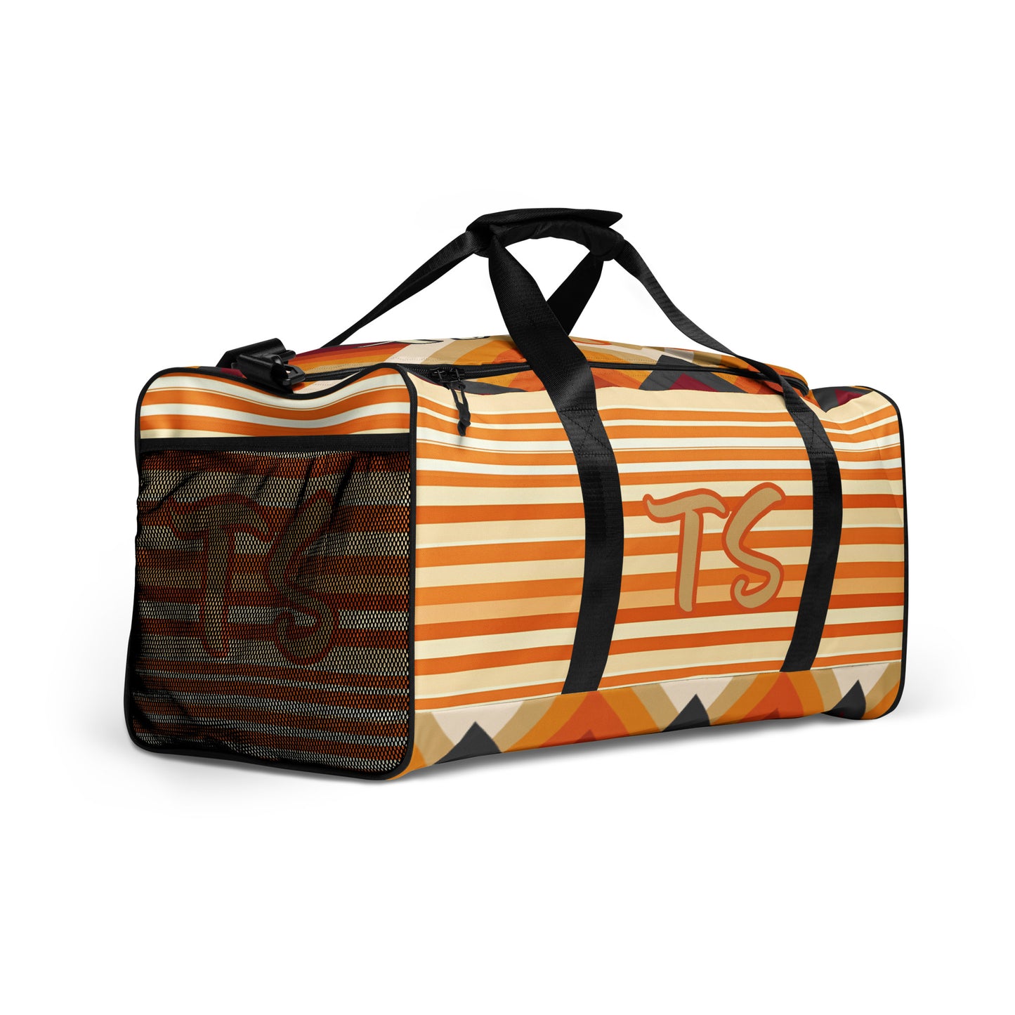 Right front of orange tribal print duffel with text saying 'TS TrendSetter'