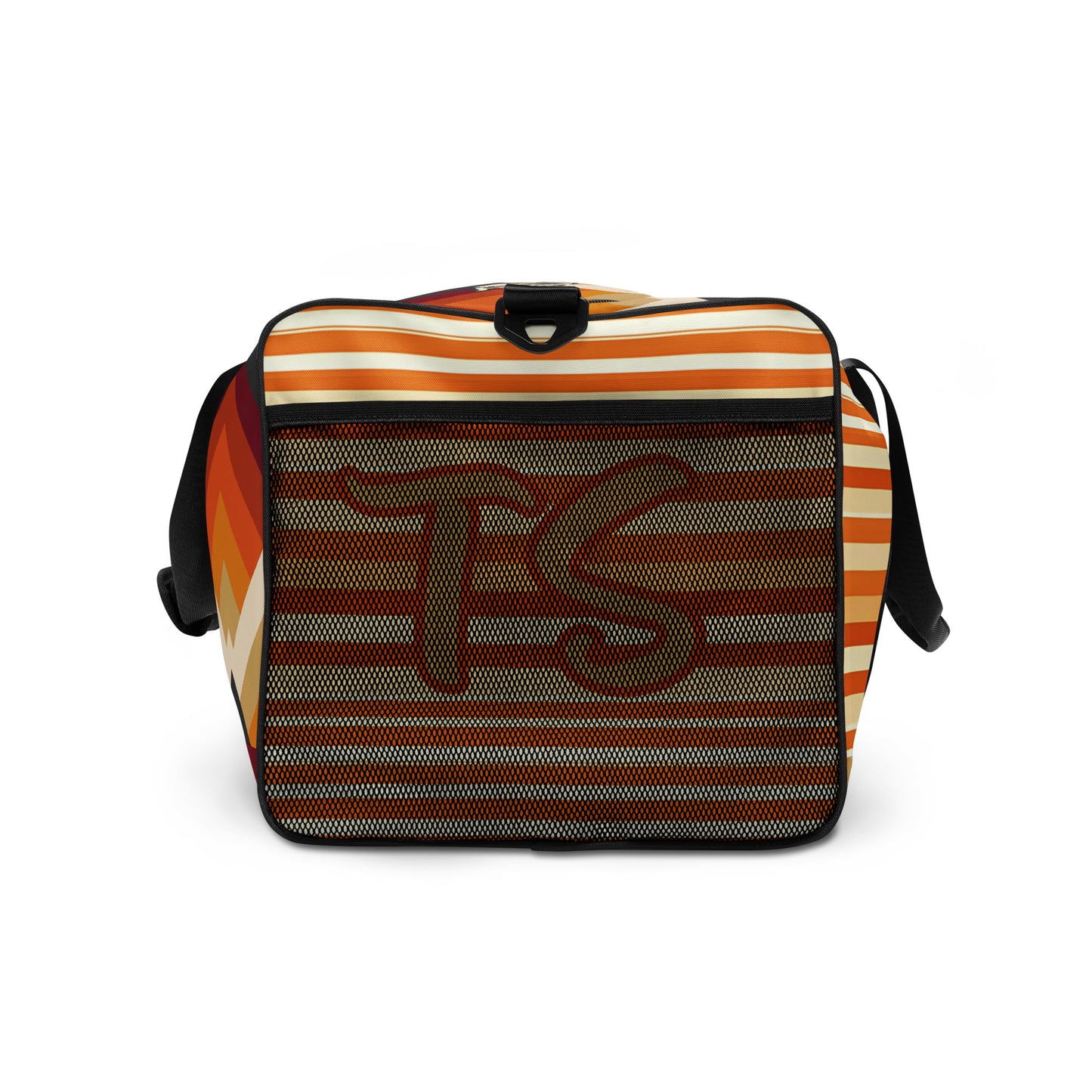 Right of orange tribal print duffel with text saying 'TS TrendSetter'