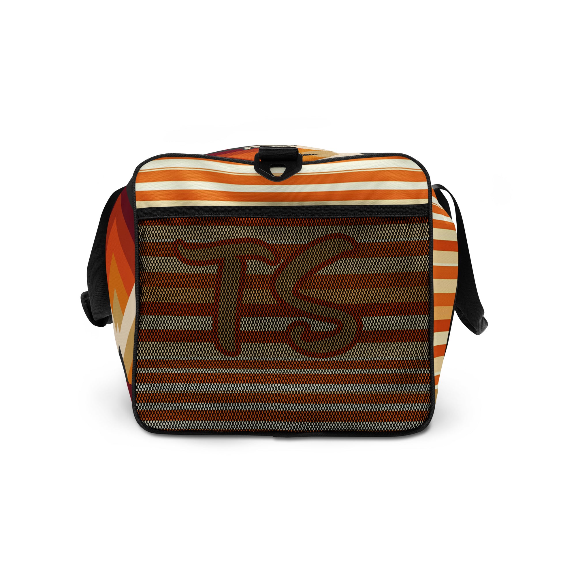 Right of orange tribal print duffel with text saying 'TS TrendSetter'
