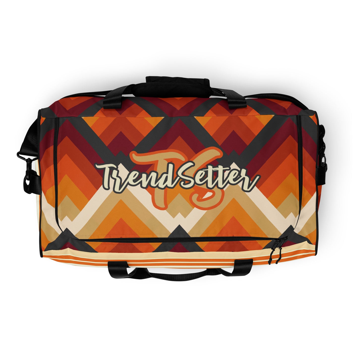 Top of orange tribal print duffel with text saying 'TS TrendSetter'