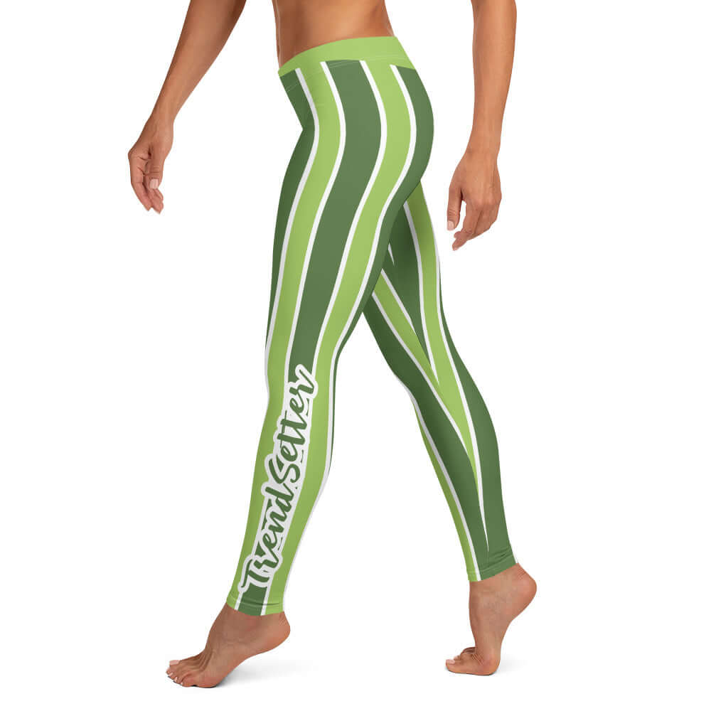 Left of green and white lined leggings with green and white text saying 'TrendSetter' on left calf